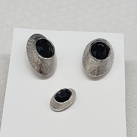 Vintage Swank Mens Silver Oval Onyx Cufflinks & Tie Tack Jewelry Set - Picture 2 of 4